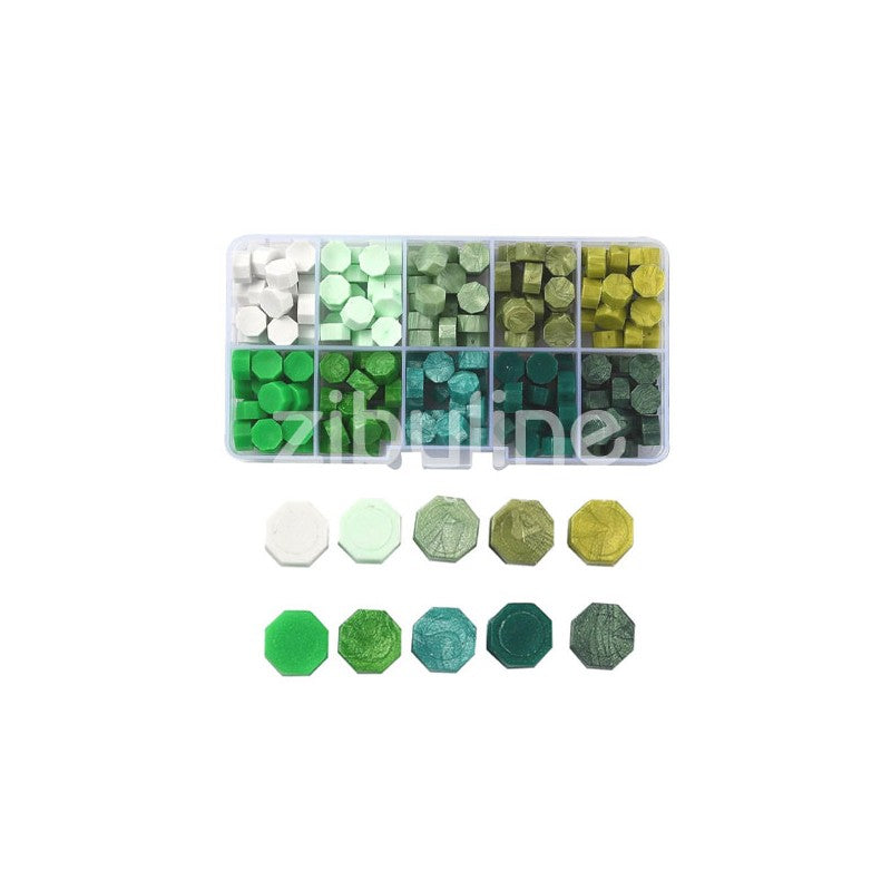 Box of assorted sealing wax tablets - green shades 