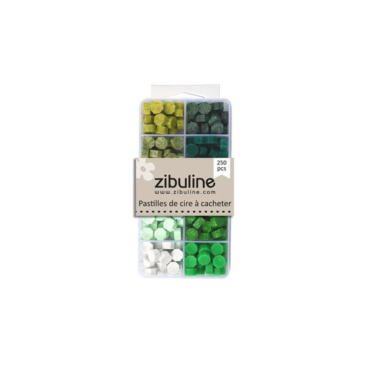 Box of assorted sealing wax tablets - green shades 